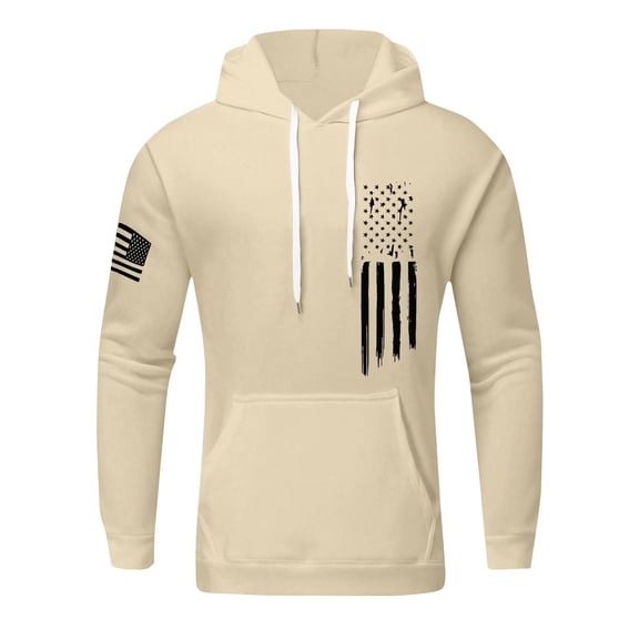 Spring And Autumn Mens Hoodies Pullover Color Block Fleece Long Sleeve Sweatshirt Tops with Pocket Loose Flag Printed Hooded