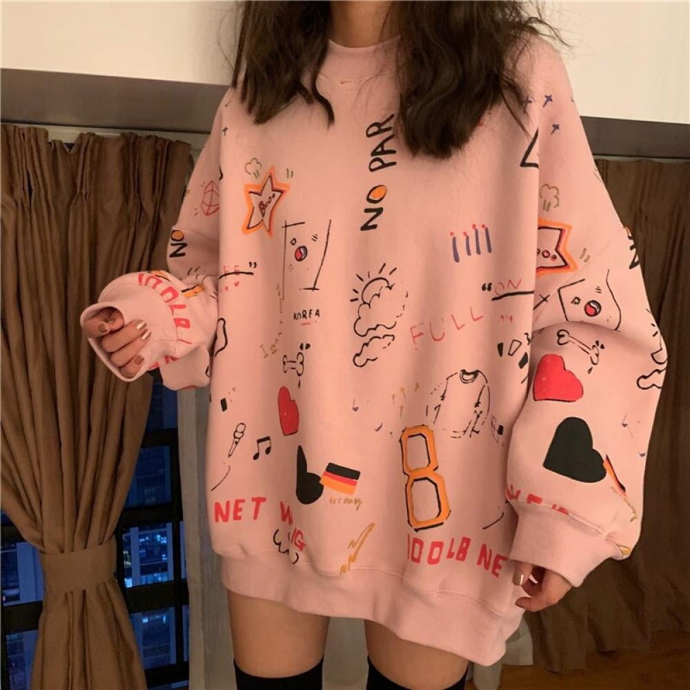 Spring And Autumn Sweatshirt Women Korean Style Graffiti Korean Preppy Style Pullover Hoodies