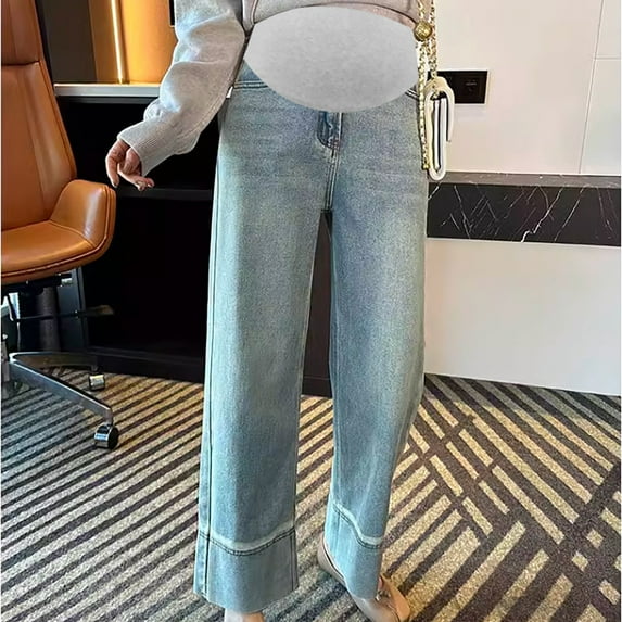 Spring And Fall Maternity High Waist New Fashion Solid Full Length Pants Blue XL