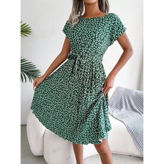 Spring And Summer Casual Women's Short-sleeved Floral Large Hem Pleated Skirt Dress