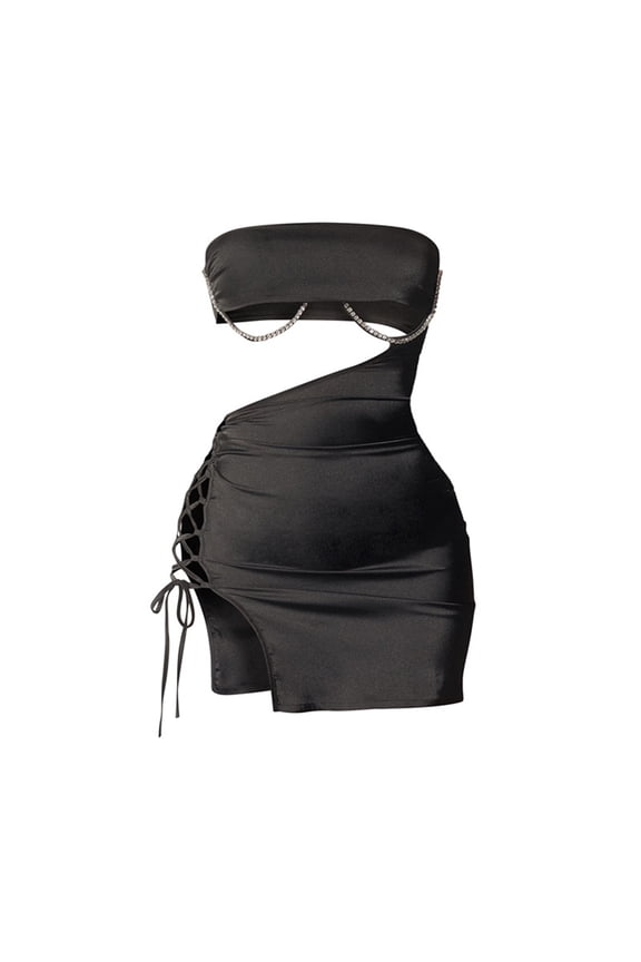 Spring And Summer European And American Sexy Diamond Chain Decorative Side Slit Binding Hollowed Out Women's Dress