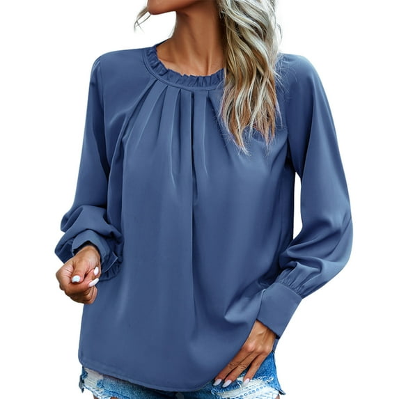 Spring And Summer Foreign Trade Temperament Elegant Lace Neck Long Sleeve Solid Color Blouse Blue Small