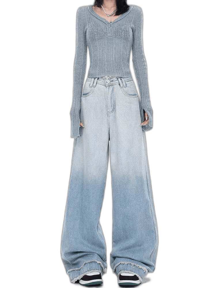 Spring And Summer Light -Colored Gradient Wool Wide -Leg Jeans Female 3 ...