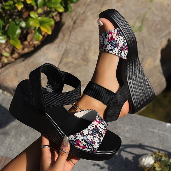 Spring And Summer New Fish Mouth Broken Flower Beach Thick Bottom Elastic Set Foot With Wedge Sandals Sandals for Women 2025 Black 39