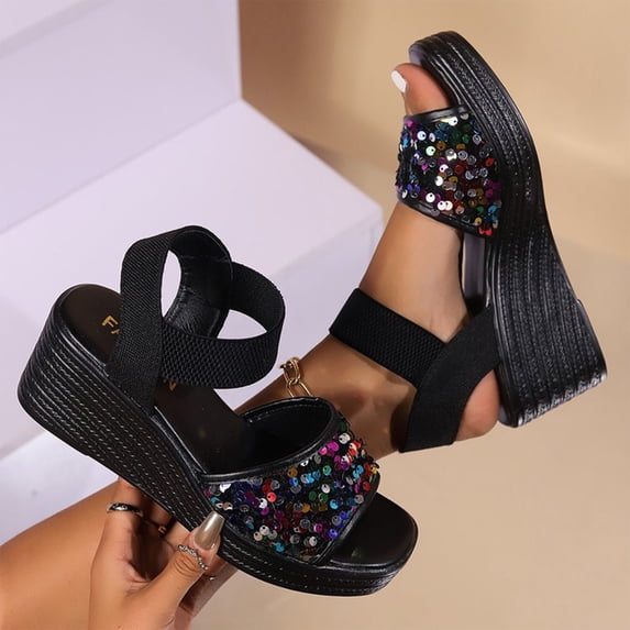 Spring And Summer New Fish Mouth Glitter Beach Thick Bottom Elastic Set Foot With Wedge Sandals Sandals For Women Sandals for Women Black 42