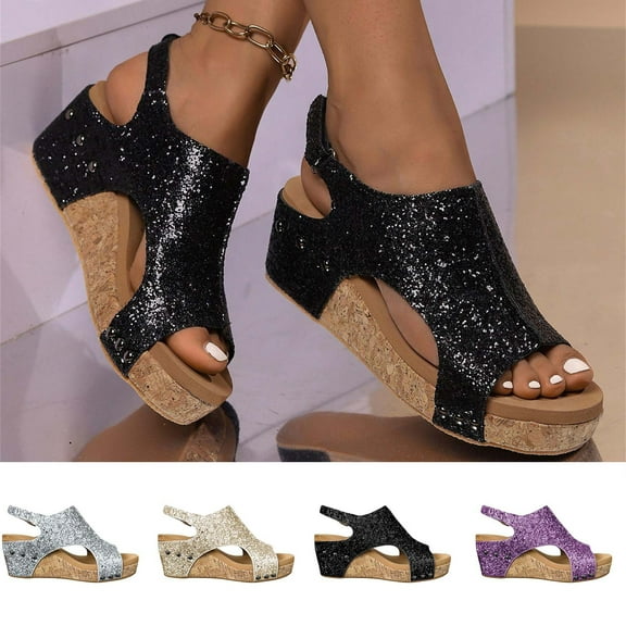 Spring And Summer New Fish Mouth Glitter Beach Thick Bottom Elastic Set Foot With Wedge Sandals Sandals For Women Silver qILAKOG Size 7.5