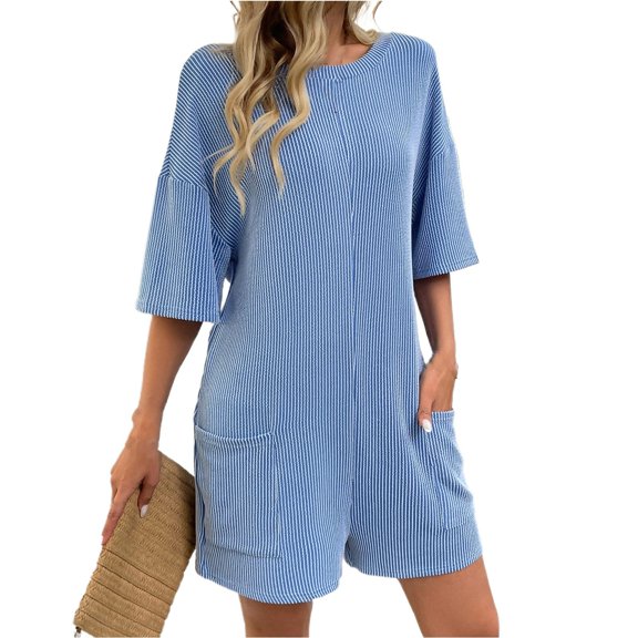 Spring And Summer New Loose Pocket Back V Neck Short Sleeve Jumpsuit For Women