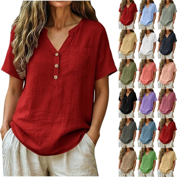 Spring And Summer Plus Size Shirts for Womens Cotton And Linen Fashion Imitation V-neck Short-sleeved Button-pocket Solid Color Top