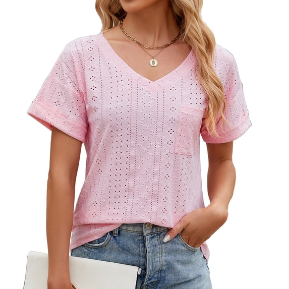 Spring And Summer V-neck Pocket Solid Color Long-sleeved Loose T-shirt Tops For Women