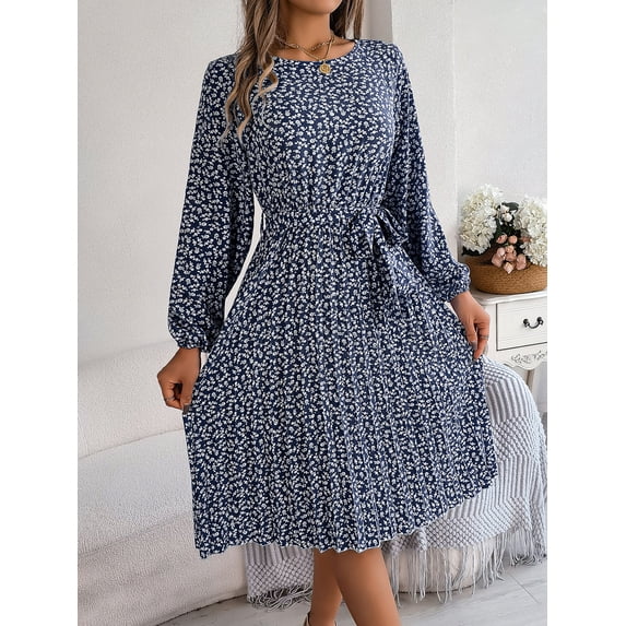 Spring And Summer Women's Casual Long-sleeved Floral Pleated Skirt With Wide Hem