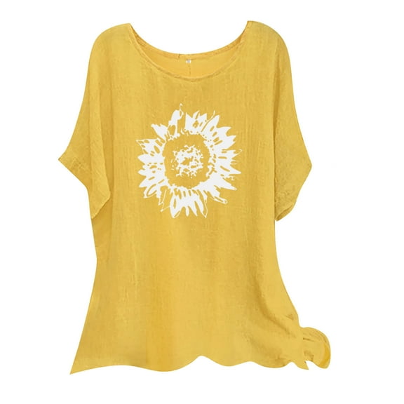 Spring And Summer Women's Cotton And Linen Printed Round Neck Short Sleeved Top