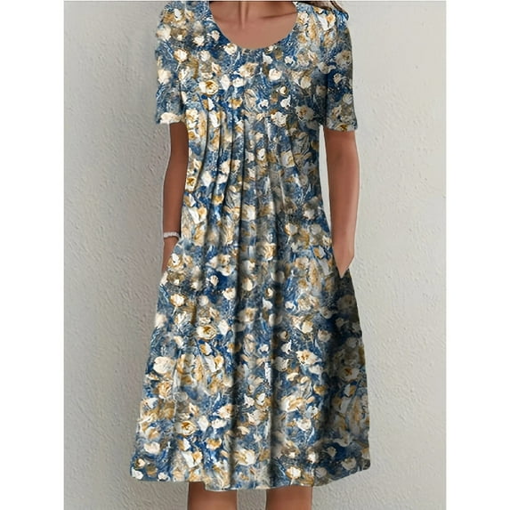 Spring And Summer Women's Elegant Large Skirt Round Neck Printed Short-sleeved Dress