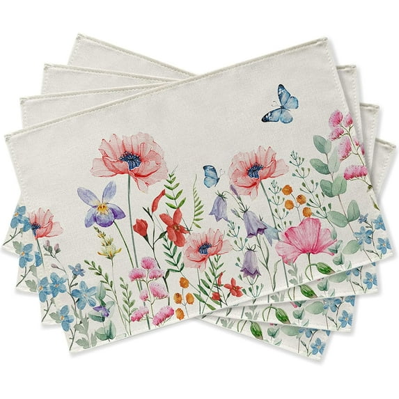 Spring Anemone Flower Placemats Set of 4, Watercolor Pink Floral Butterfly Dining Table Place Mats Home Kitchen Decor, Summer Seasonal Washable Cotton Linen Rustic Farmhouse Decorations 12 x 18