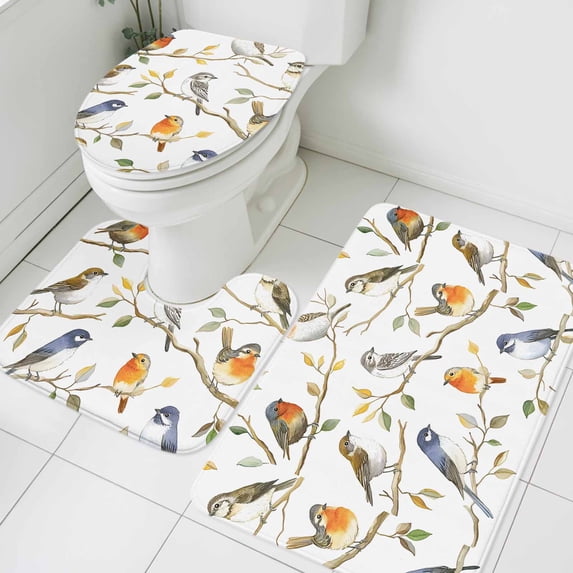 Spring Animal Bathroom Rugs Set Watercolor Funny Birds Gradient Color Leaf Farmhouse Non Slip Absorbent Soft Bath Mats 3 Piece Set with Bathroom Rug, U-Shaped Floor Mat, Toilet Seat Cover Large Size