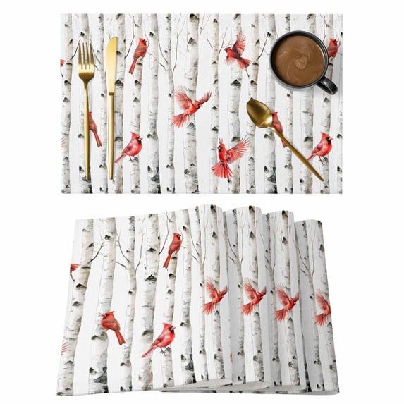 Spring Animal Placemats Set of 2 Country Red Bird White Tree Farm Heat Insulation Washable Place Mats, Rustic Non-Slip Table Mats for Dining Table Party Kitchen Decor,13x19 Inch