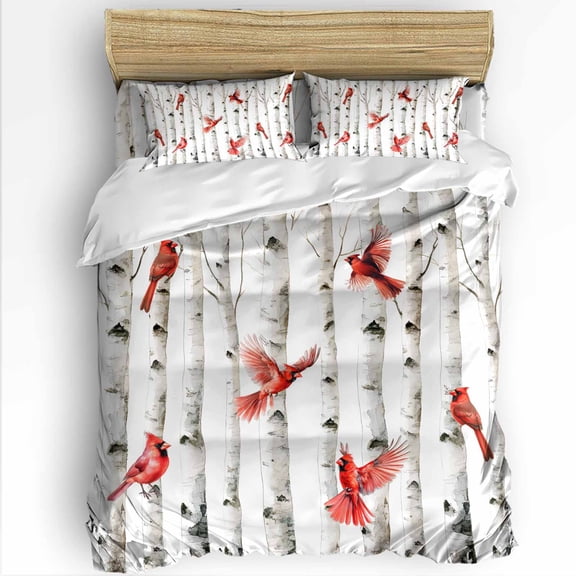 Spring Animal Twin Size Comforter Set, Country Red Bird White Tree Farm Soft Bedding for All Seasons, 4 Pcs Bed Set with 1 Comforter (68"x86") ,1Sheet(66"x116"), 2 Pillowcases (19"x29")