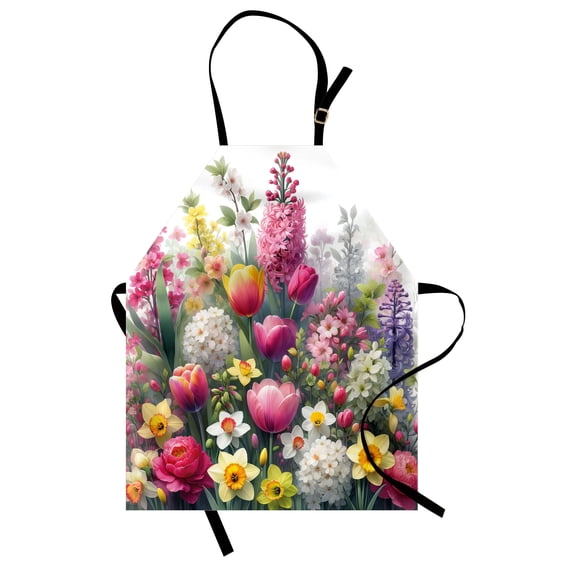 Spring Apron, Wonderland Jungle Themed Blooming Floral Scene with Delicate Petals Greenery, Unisex Kitchen Bib with Adjustable Neck for Cooking Gardening, Adult Size, Magenta Multicolor, by Ambesonne