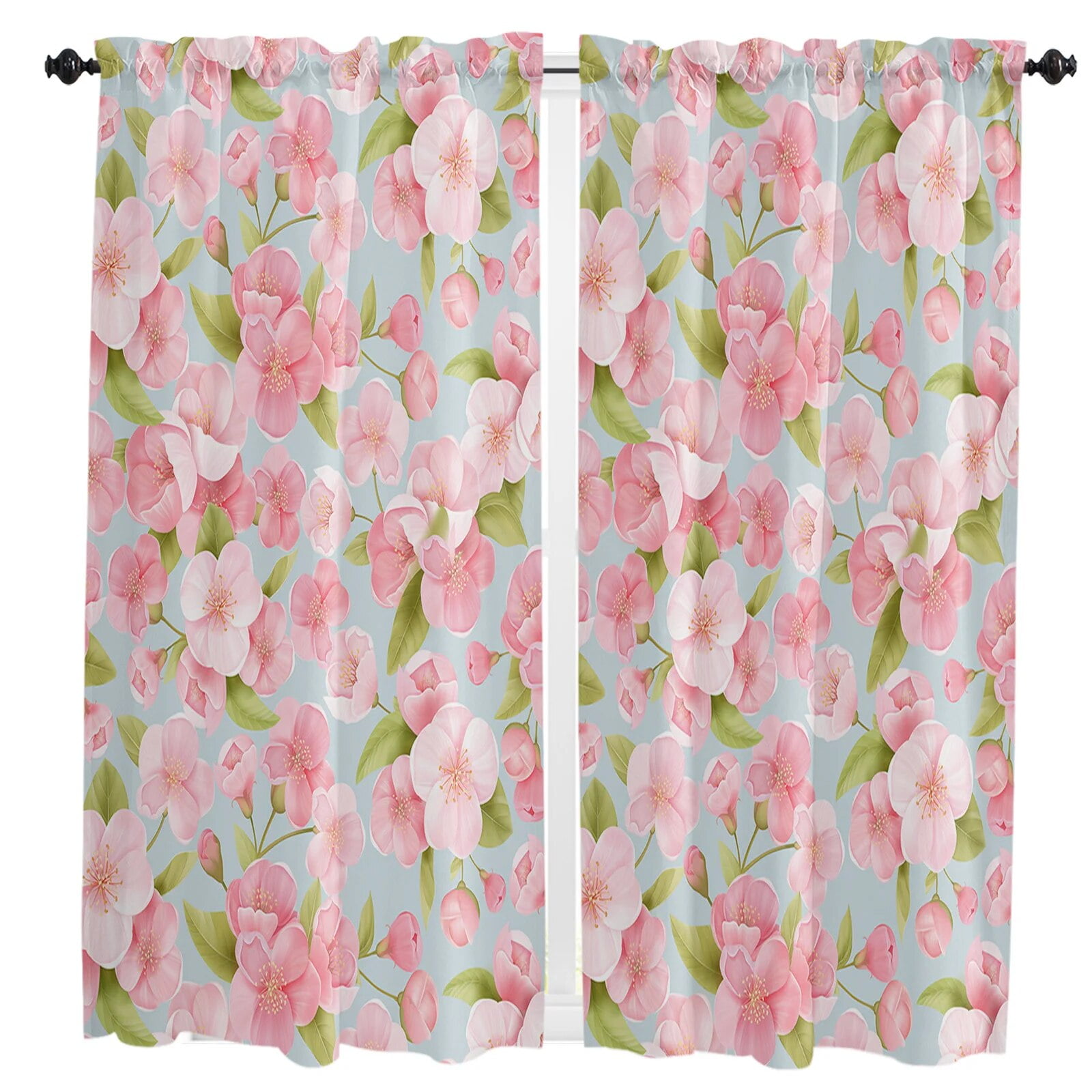 Spring Aqua Peach Blossom Small Curtain Rod Pocket Short Curtains Half ...