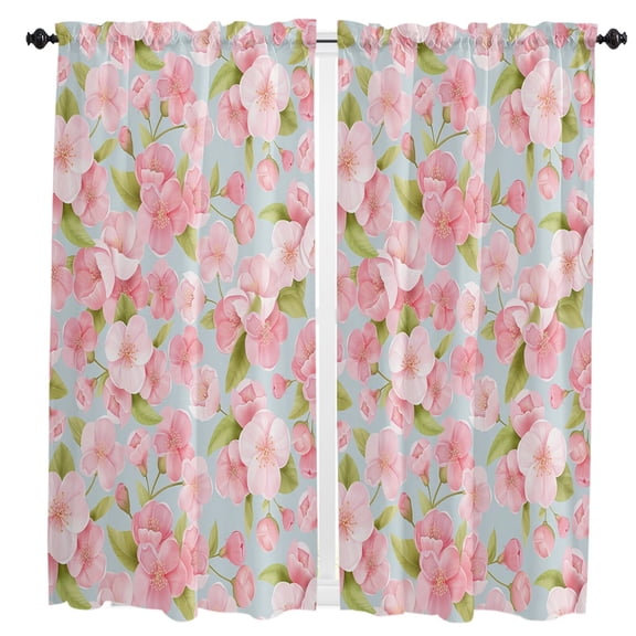 Spring Aqua Peach Blossom Small Curtain Rod Pocket Short Curtains Half Drapes Partition Cabinet Door Window Curtains Home Decor