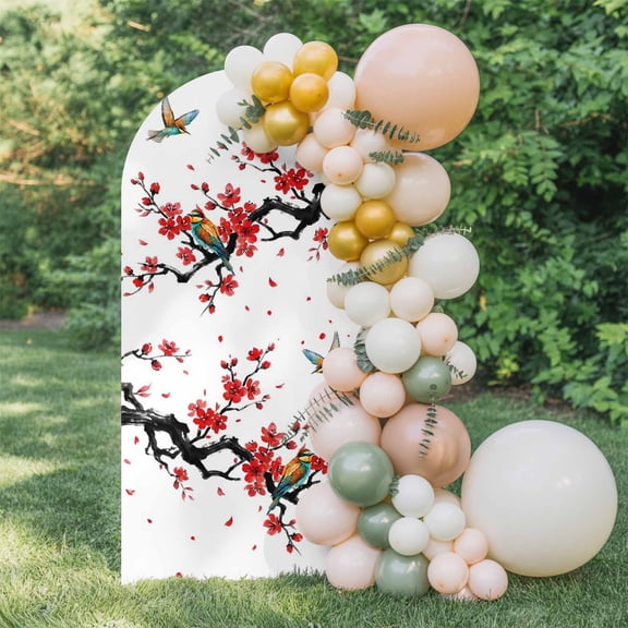 Spring Arch Backdrop Cover 4 FT, Oriental Traditional Red Plum Blossoms Birds Ethnic Wedding Arch Cover Stretchy Backdrop Stands Covers for Birthday Party Ceremony Banquet Decor
