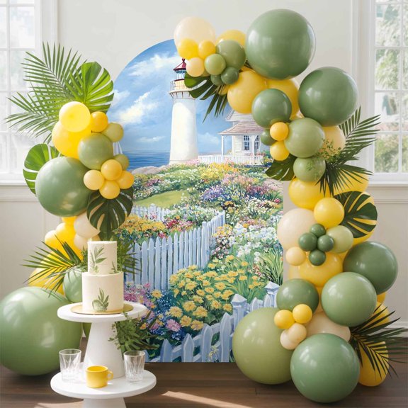 Spring Arch Backdrop Cover, 4FT, Colorful Flowers Beacon Ocean House Country Scenery Spandex Arch Covers Double-Sided Backdrop for Wedding Birthday Party Photo Background Decoration