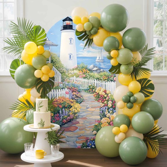 Spring Arch Backdrop Cover, 4FT, Colorful Flowers Town Beacon Country Scenery Spandex Arch Covers Double-Sided Backdrop for Wedding Birthday Party Photo Background Decoration