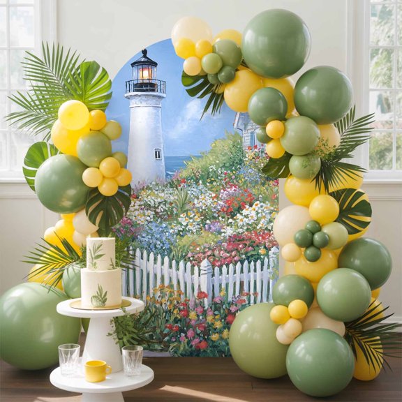 Spring Arch Backdrop Cover, 4FT, Colorful Flowers Town Beacon Ocean Country Scenery Spandex Arch Covers Double-Sided Backdrop for Wedding Birthday Party Photo Background Decoration