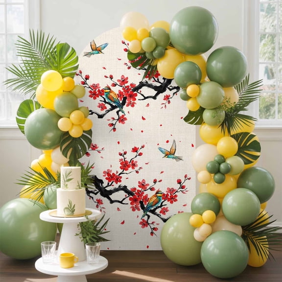 Spring Arch Backdrop Cover, 6FT, Oriental Traditional Red Plum Blossoms Birds Ethnic Linen Spandex Arch Covers Double-Sided Backdrop for Wedding Birthday Party Photo Background Decoration
