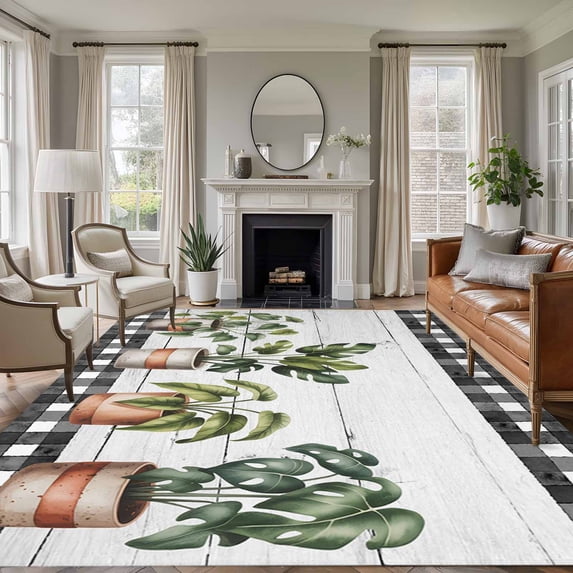 Spring Area Rug 8x10 Washable Rug Non Slip Farmhouse Pots Plant Leaves Wood Plank Black Plaid Large Area Rug Soft Stainresistant Indoor Floor Carpet for Living Room Bedroom Home Office Dining Room