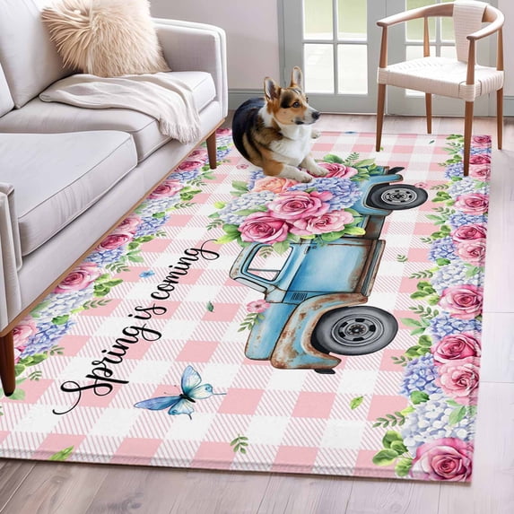 Spring Area Rugs 3'x5', Washable Small Throw Rugs for Living Room Bedroom, Truck Botanical Rose Leaves Butterfly Pink Lattice Indoor Outdoor Rug Non-Slip Low Pile Carpet Runner Reversible Floor Mats