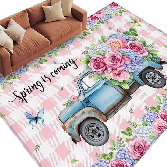 Spring Area Rugs Collection 6'x9', Truck Botanical Rose Leaves Butterfly Pink Lattice Non Slip Indoor Rectangle Throw Runner Rug Floor Mat Carpet for Living Room Dining Table Bedroom Nursery