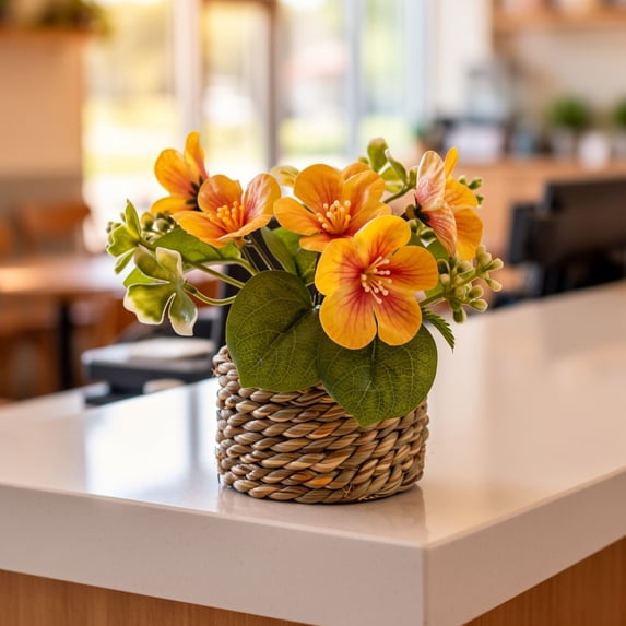 Spring Artificial Flower Planter With Egg And Green Leaves, 5.91 x 5.12 In, White Pot, Pink Yellow Purple Options, Durable Plastic, Indoor Tabletop Decor For Dining Office, Festive Seasonal Accent