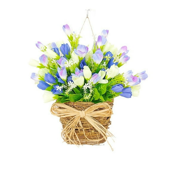 Spring Artificial Flowers Wall Hanging Hanging Basket Front Door Flowers Decoration Rattan Basket for Front Door Plant Garland,15.76''Height, Blue Tulip