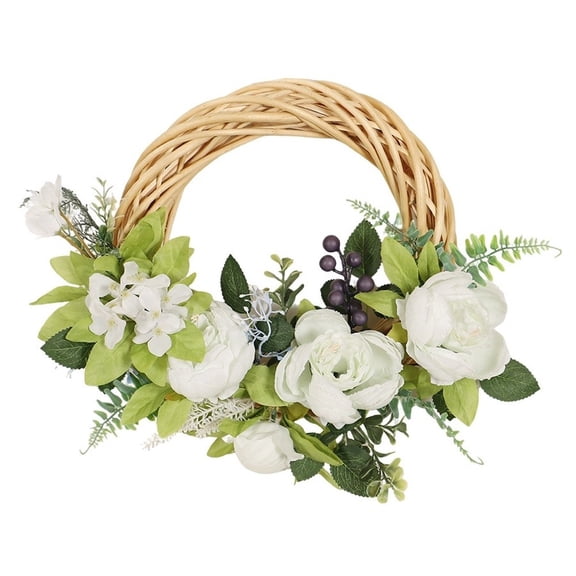Spring Artificial Peony Wreath with Blueberry Berries Green Leaves Vine Without Light
