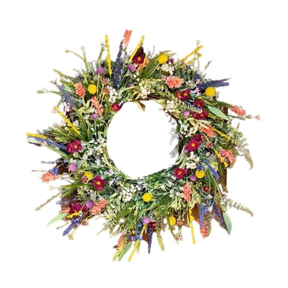 Spring Artificial Wildflower Wreath - 13.78 Inch Daisy Lavender Greenery Wreath, Rustic Farmhouse Summer Wreath for Front Door, Wall, and Window Decor