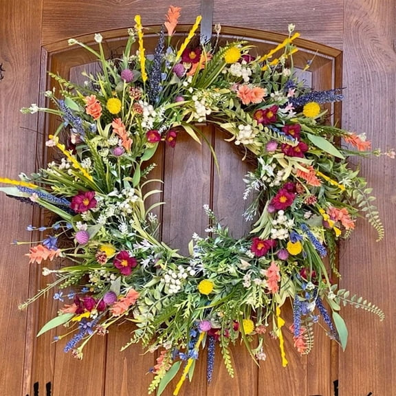 Spring Artificial Wildflower Wreath - 20In Daisy & Lavender Greenery Wreath For Rustic Farmhouse Summer Decor 18x18x3"