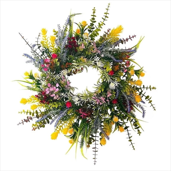 Spring Artificial Wildflower Wreath 20Inch Daisy Lavender Greenery Wreath Rustic Farmhouse Wreath Summer Wreaths for Front Door Spring Door Wreath for Front Door Wall Window Home Decor (17.72in)
