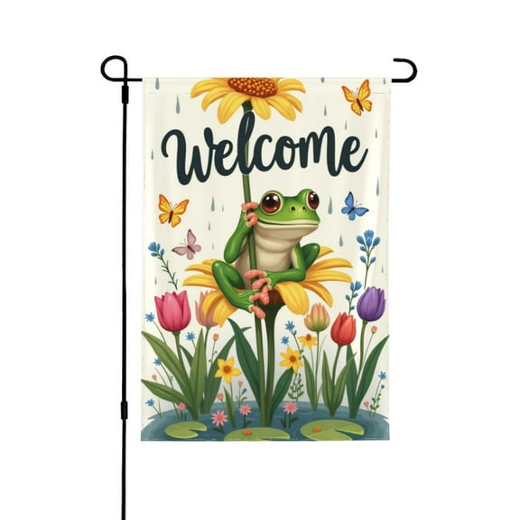 Spring Autumer Happy Garden Flag Welcome Outside Green Frog Sitting On Top Of Yellow Flower In Pond. 1218 In Double Yard Flag Outdoor Farmhouse Decoration Home Festival Gazebo TerraceFather's Day