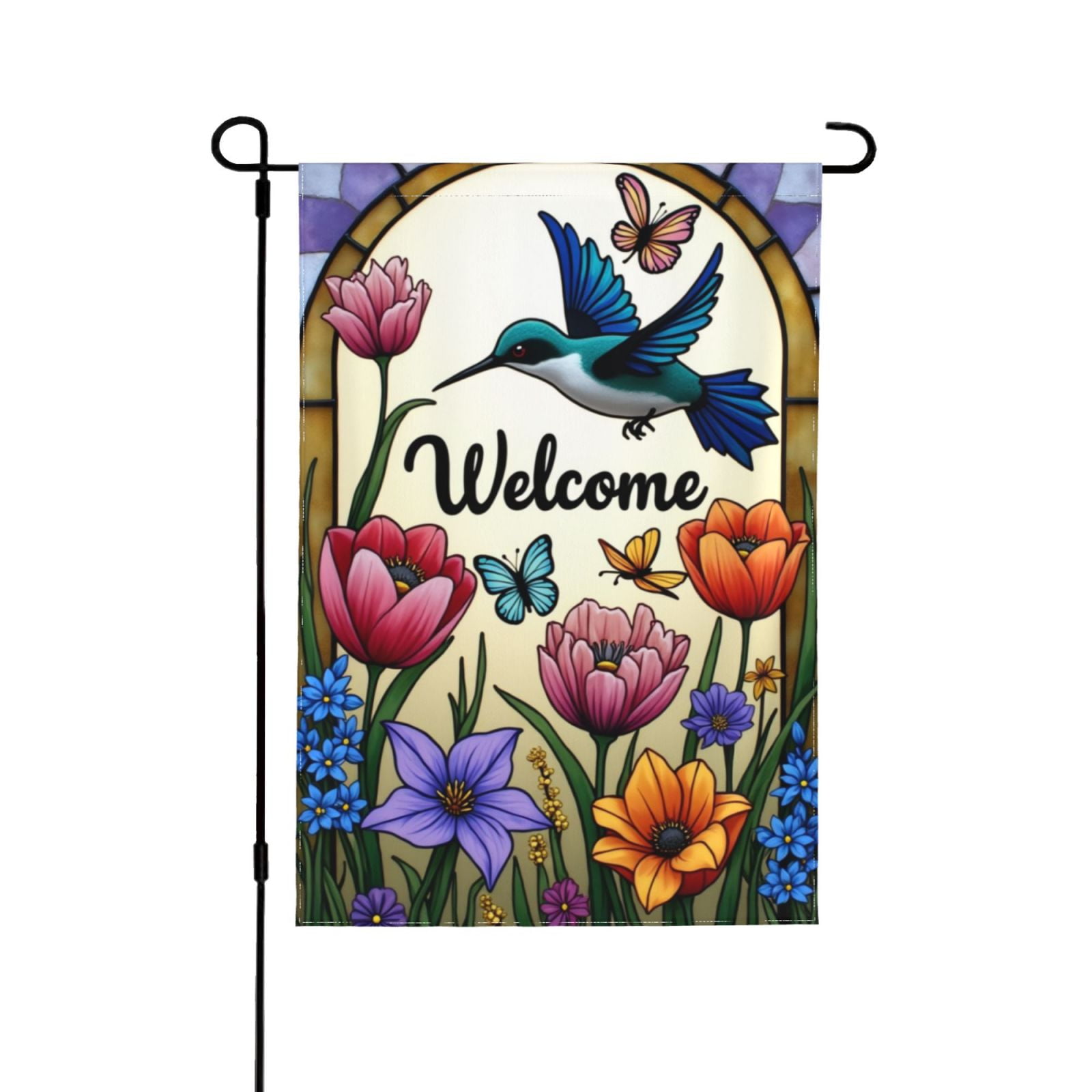 Spring Autumer Hummingbird Garden Flag Welcome For Outside A Stained ...