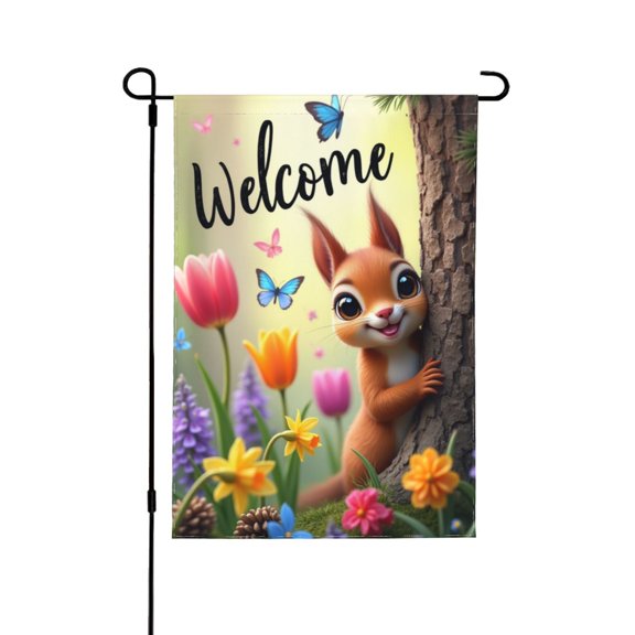 Spring Autumer Squirrel Garden Flag Welcome For Outside Squirrel Sticking Its Tongue Out In Front Of A Tree 1218 In Double Yard Flag Outdoor Farmhouse Decoration Home Festival Gazebo Terrace