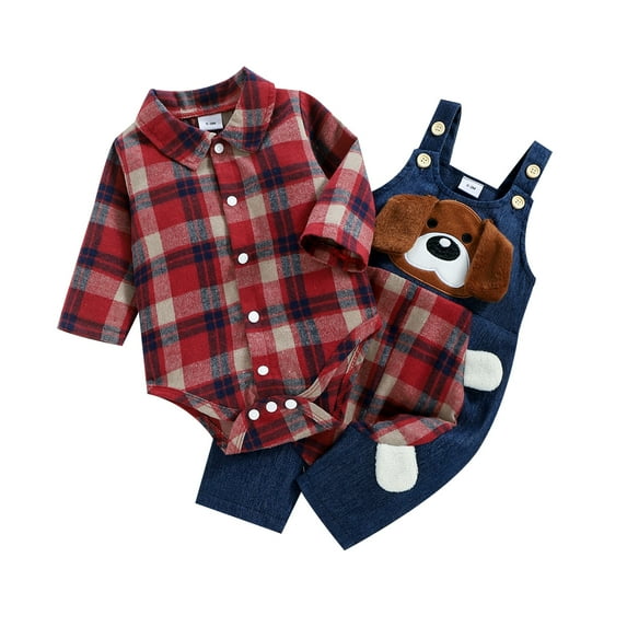 Spring Autumn 2Pcs Newborn Baby Boys Clothes Sets 3M 6M 9M 12M 18M Plaid Rompers+Cartoon Dog Pattern Long Suspender Pants