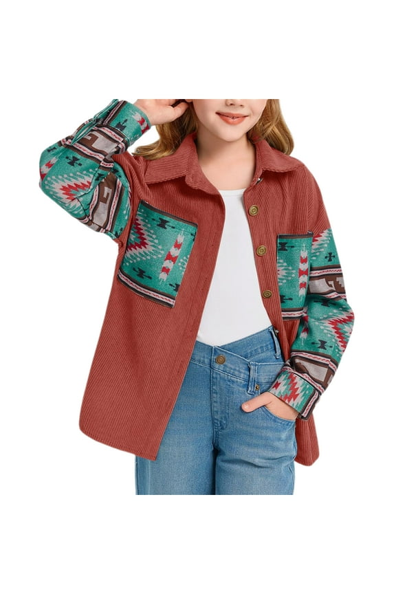 Spring Autumn Aztec Print Corduroy Jacket Girls Kids Casual Button Down Loose Lapel Jacket Coat for 5-14 Years