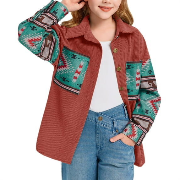 Spring Autumn Aztec Print Corduroy Jacket Girls Kids Casual Button Down Loose Lapel Jacket Coat for 5-14 Years