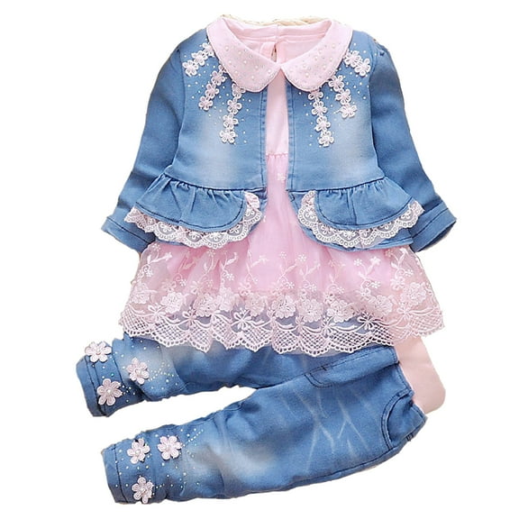 Spring Autumn Baby Girls Clothing Set 3pcs Long Sleeve T-Shirt Denim Jacket and Jeans,Pink,1-2Years