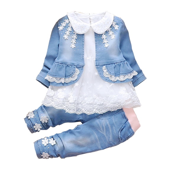 Spring Autumn Baby Girls Clothing Set 3pcs Long Sleeve T-Shirt Denim Jacket and Jeans,White,6-12M
