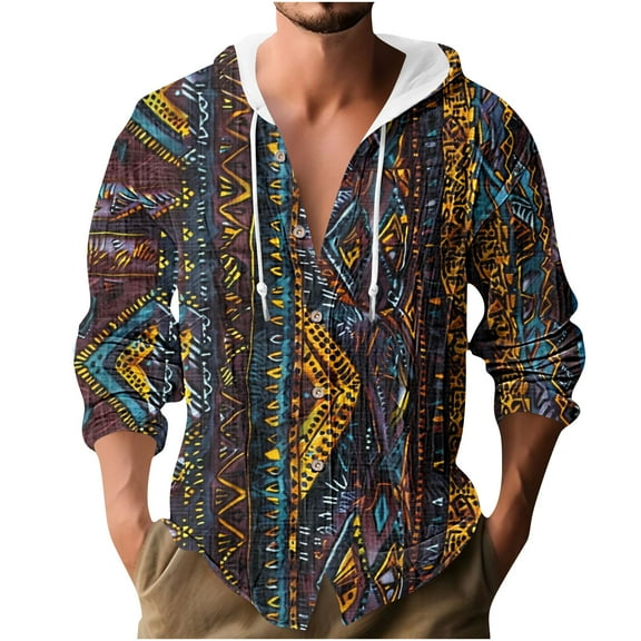 Spring Autumn Bamboo Linen Blosues for Mens，Vintage Causal Hoodies Lace-Up Adjustable Shirts Long Sleeve Blouses Retro Printed Blouse Ultra Soft Workout Running Gym Clothes