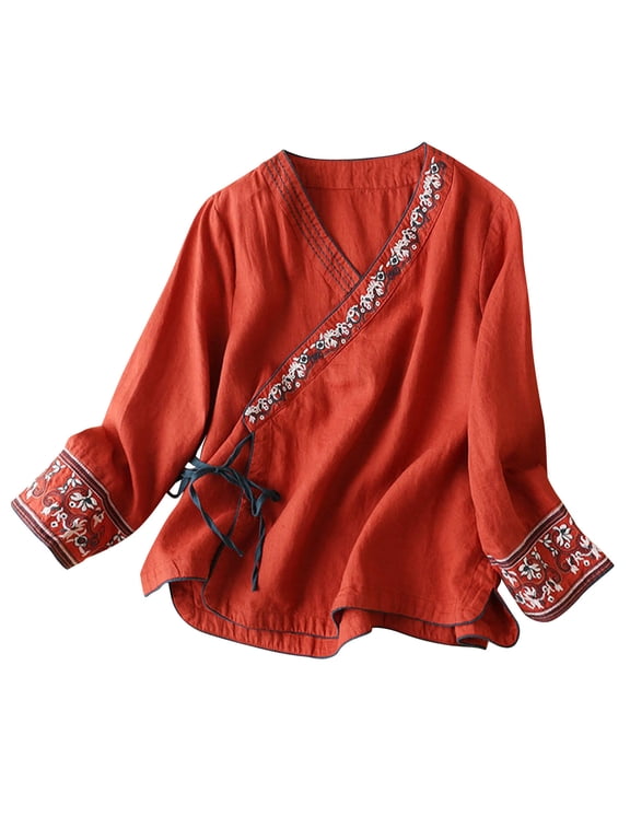 Spring Autumn Chinese Style Women Blouse Cotton Linen Embroidery Vintage Loose Shirt V-Neck Oriental Hanfu Tops