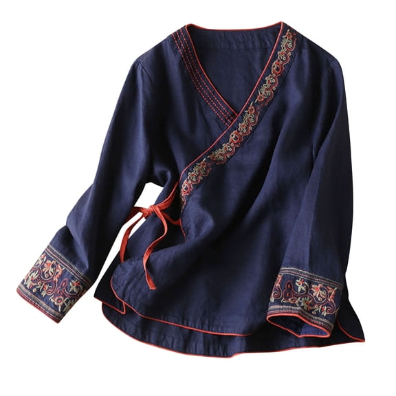Generic Cotton Linen Top Women Plus Size Embroidery Traditional Hanfu Blouse Long Sleeve Flowy Shirt