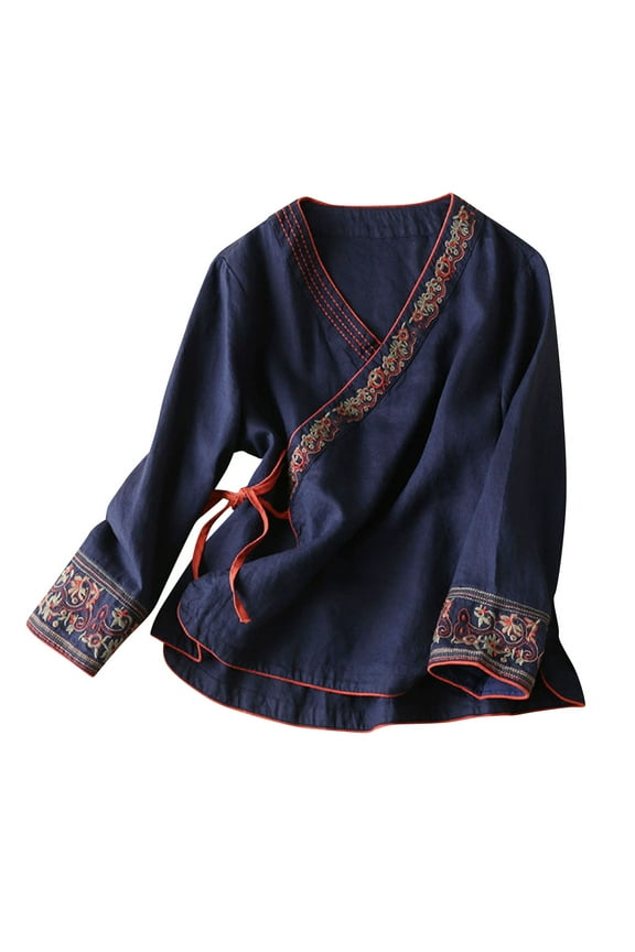 Spring Autumn Chinese Style Women Blouse Cotton Linen Embroidery Vintage Loose Shirt V-Neck Oriental Hanfu Tops