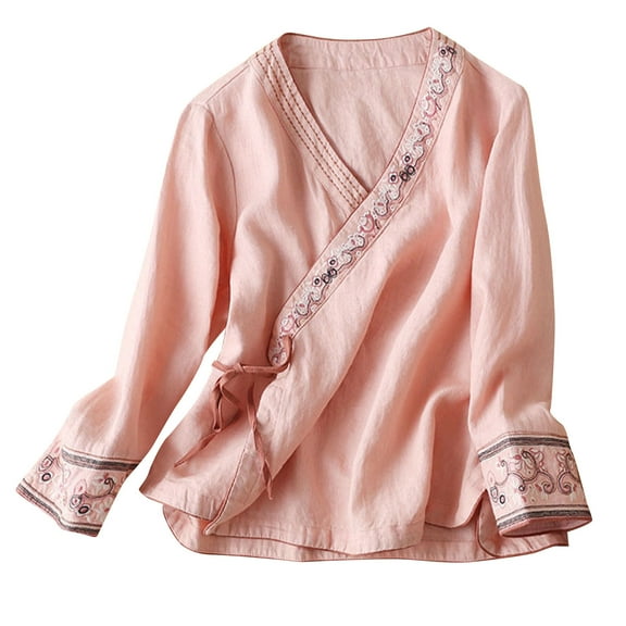 Women Floral Embroidered Cotton Linen Retro Chinese Frog Button Blouses Qipao Shirts Long Sleeve Side Slit Tops